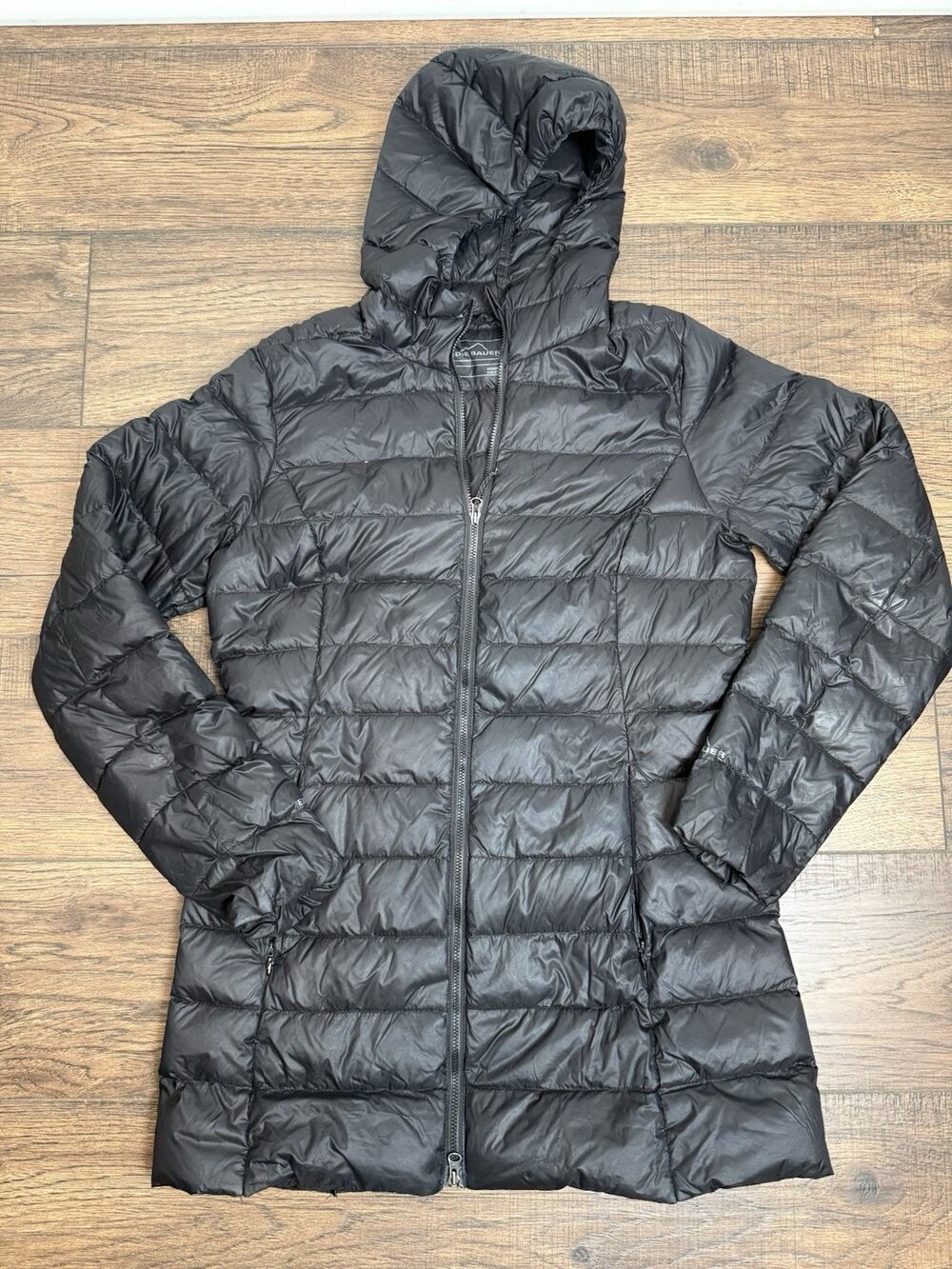 Eddie Bauer Puffer Jacket Women Small Black EB650 Down Hooded Quilted Parka Coat